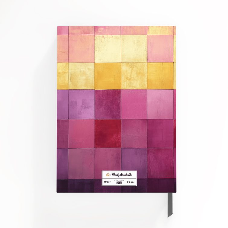 Colourful notebook cover design with geometric pattern and one photo placeholder from Utterly Printable.