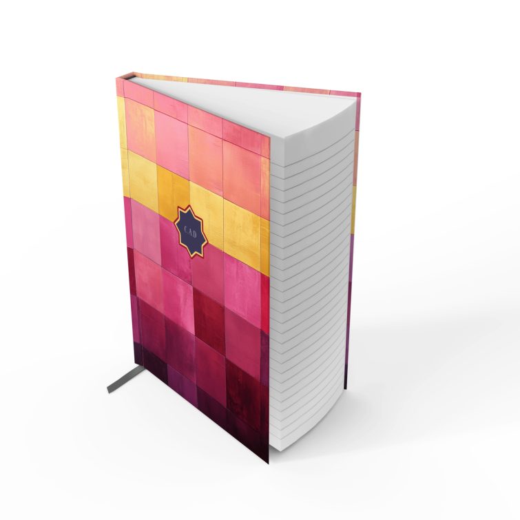 Colourful notebook cover design with geometric pattern and one photo placeholder from Utterly Printable.