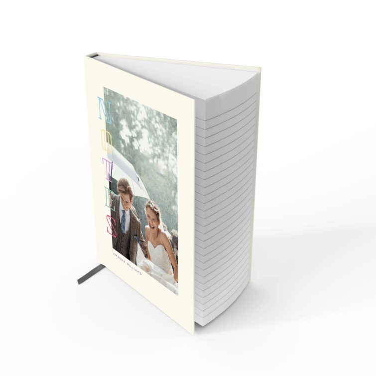 Colourful portrait wedding-themed notebook cover design featuring one photo, created by Utterly Printable.