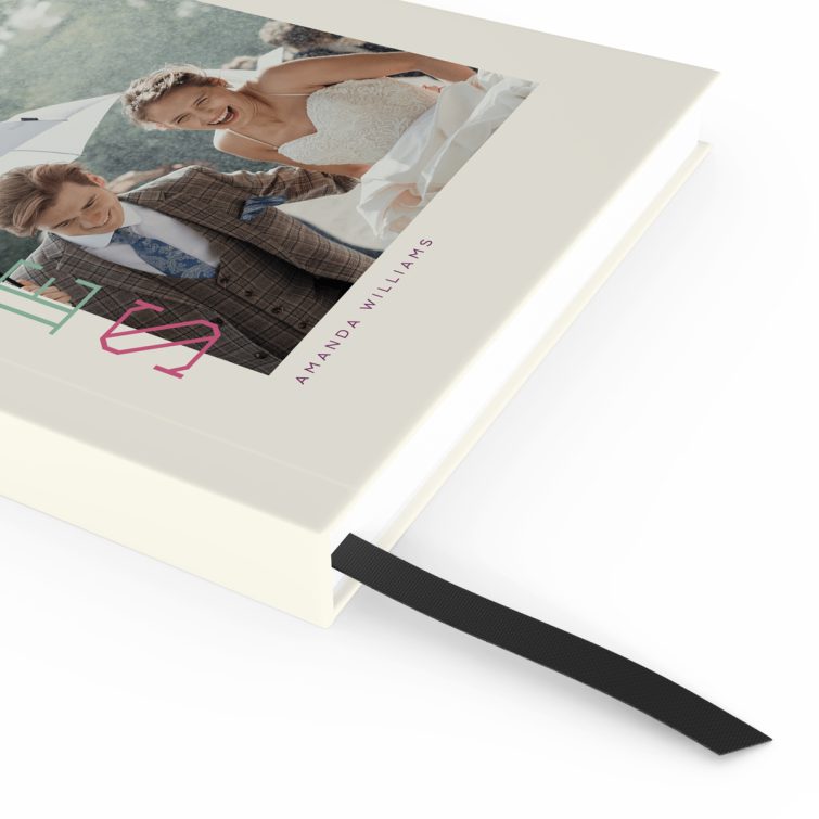 Colourful portrait wedding-themed notebook cover design featuring one photo, created by Utterly Printable.