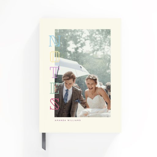 Colourful portrait wedding-themed notebook cover design featuring one photo, created by Utterly Printable.