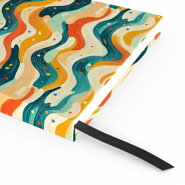 Colourful abstract pattern notebook design with one photo placeholder on the cover.