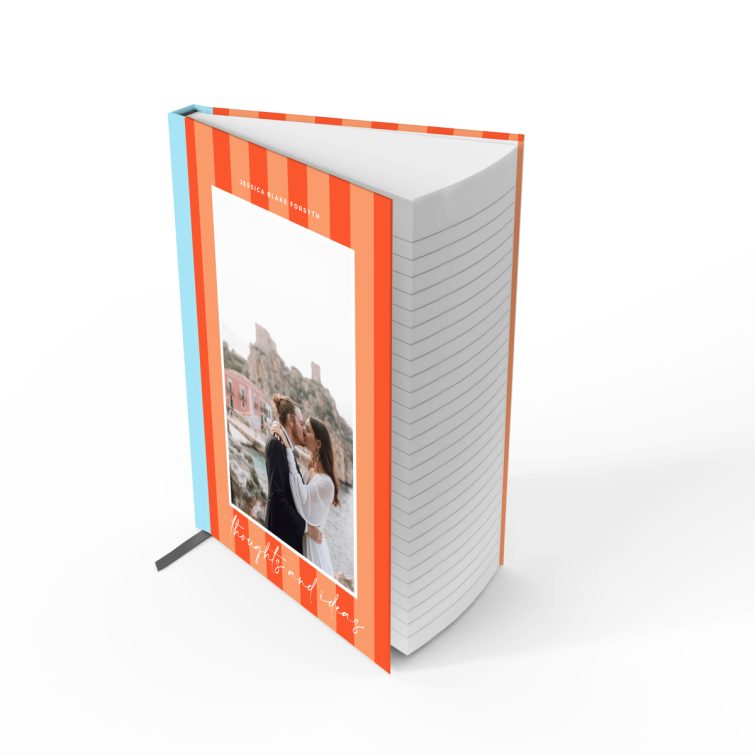 Striped personalised notebook design with one photo on the front cover by Utterly Printable.