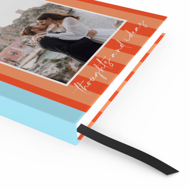 Striped personalised notebook design with one photo on the front cover by Utterly Printable.