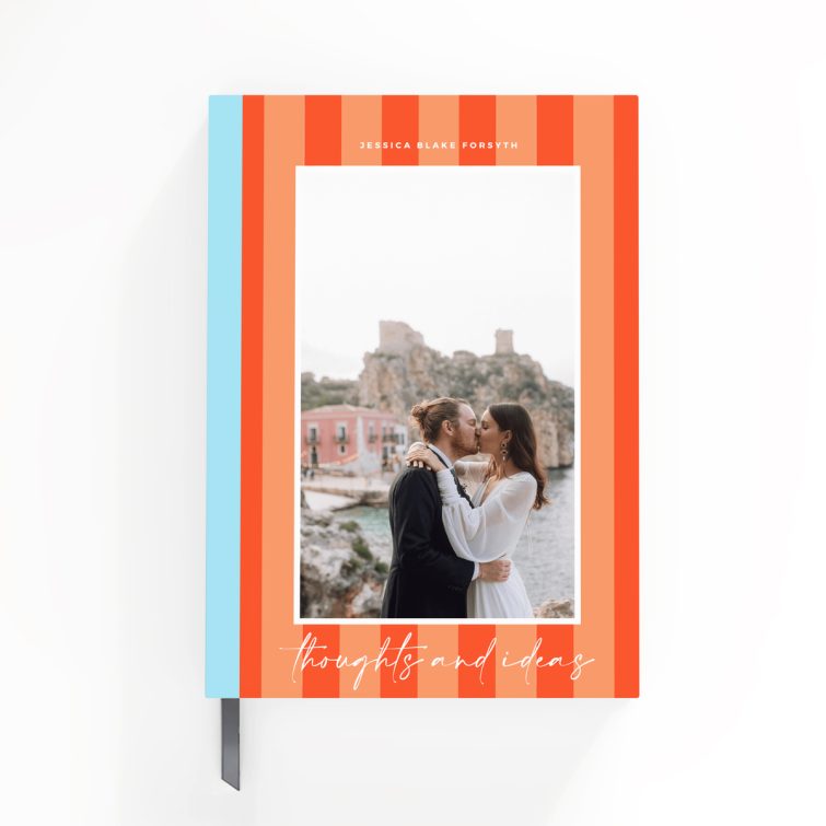 Striped personalised notebook design with one photo on the front cover by Utterly Printable.