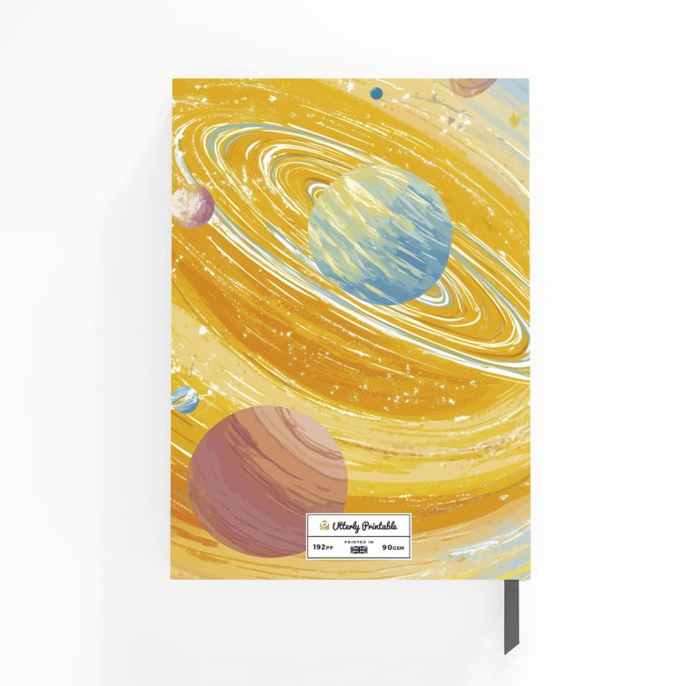 Colourful space-themed notebooks design featuring planets and one photo placeholder on the front cover.