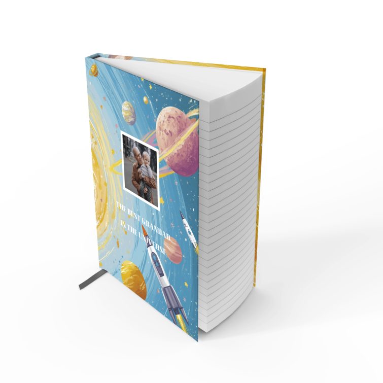 Colourful space-themed notebooks design featuring planets and one photo placeholder on the front cover.