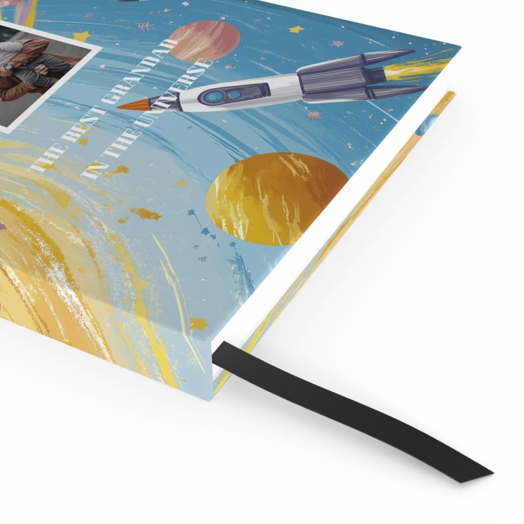 Colourful space-themed notebooks design featuring planets and one photo placeholder on the front cover.