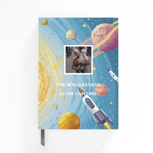 Colourful space-themed notebooks design featuring planets and one photo placeholder on the front cover.