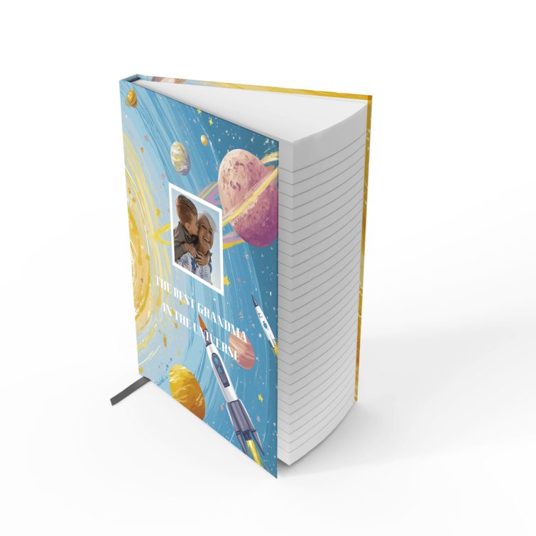 Colourful celestial-themed notebooks design with one photo on the cover for personalised gifts by Utterly Printable.