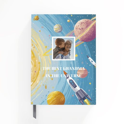 Colourful celestial-themed notebooks design with one photo on the cover for personalised gifts by Utterly Printable.