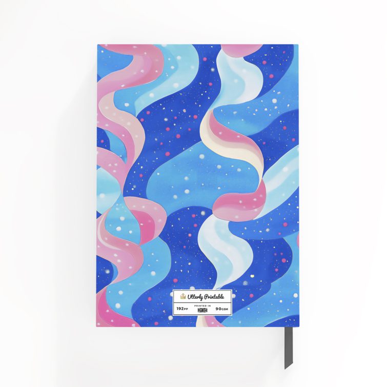 Colourful abstract design for portrait notebooks with front cover and spine, featuring one placeholder photo area.