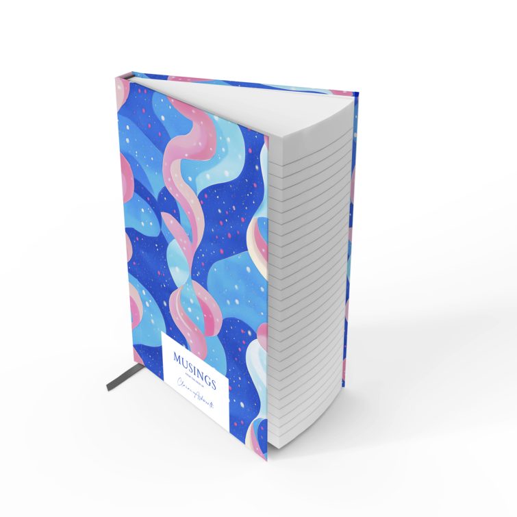 Colourful abstract design for portrait notebooks with front cover and spine, featuring one placeholder photo area.