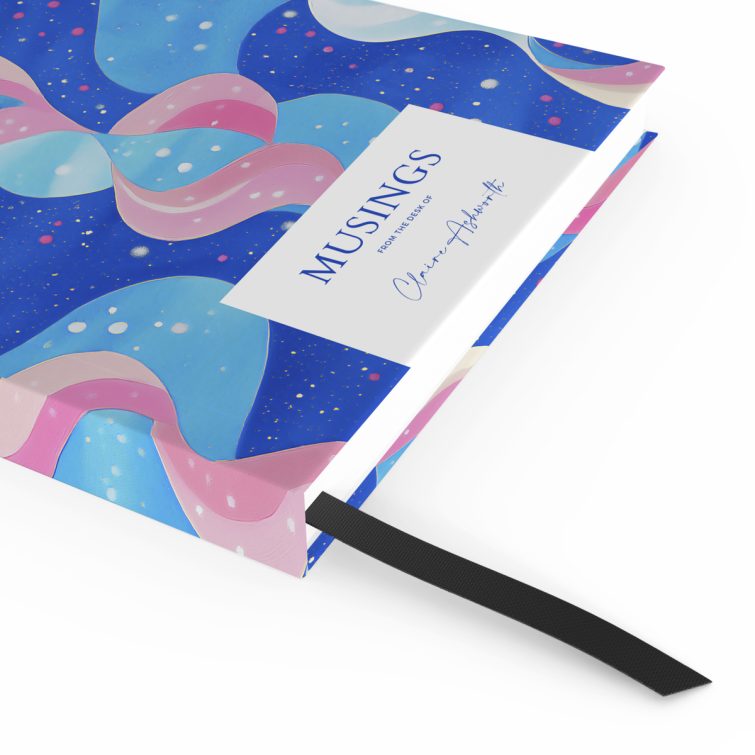 Colourful abstract design for portrait notebooks with front cover and spine, featuring one placeholder photo area.