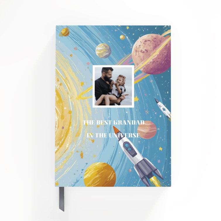 Colourful galaxy-themed notebooks design with planets and rockets, featuring one photo on the front cover for personalisation options.