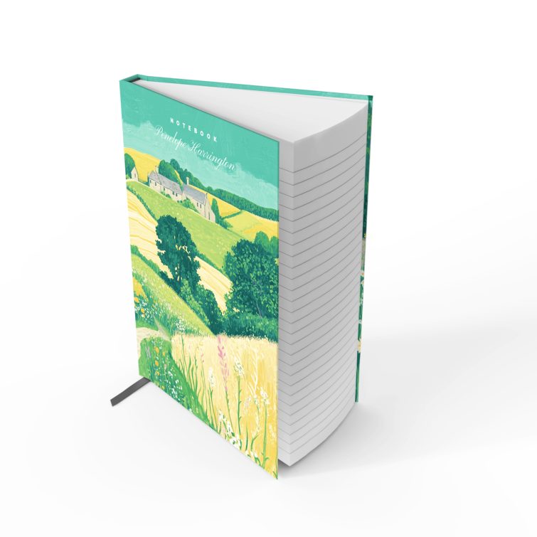 Colourful countryside landscape design on notebook cover with floral patterns, ideal for personalised gifts; includes one image.