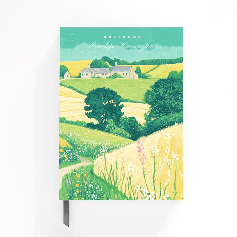 Colourful countryside landscape design on notebook cover with floral patterns, ideal for personalised gifts; includes one image.