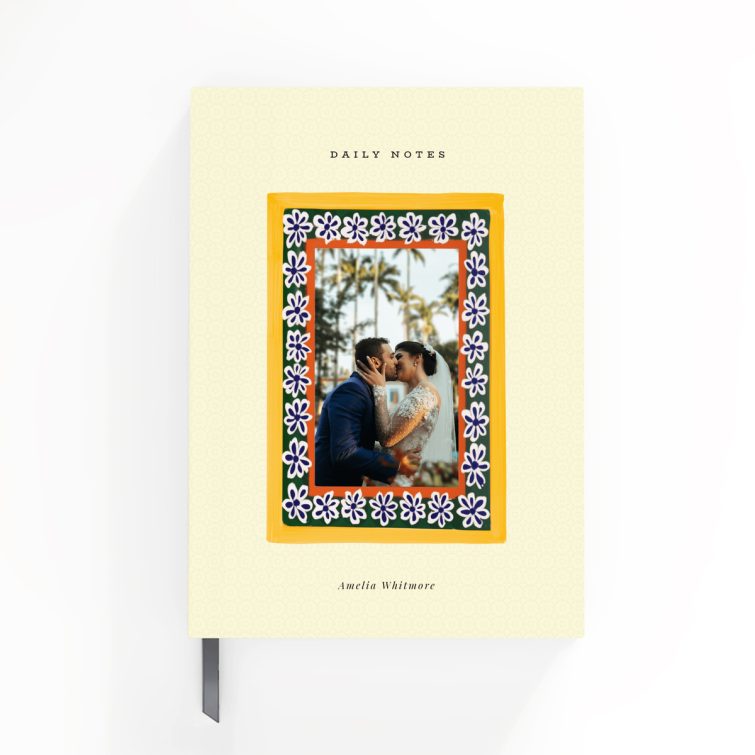 Portrait floral photo cover design for personalised notebooks with one photo placeholder.