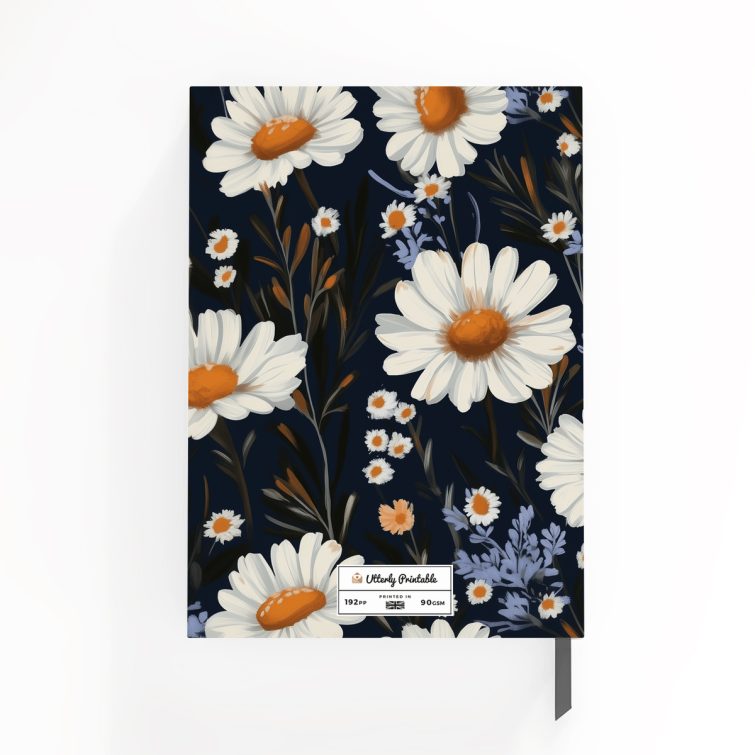 Floral notebook design with daisy pattern, includes one photo placeholder on cover, suitable for personalised printing.