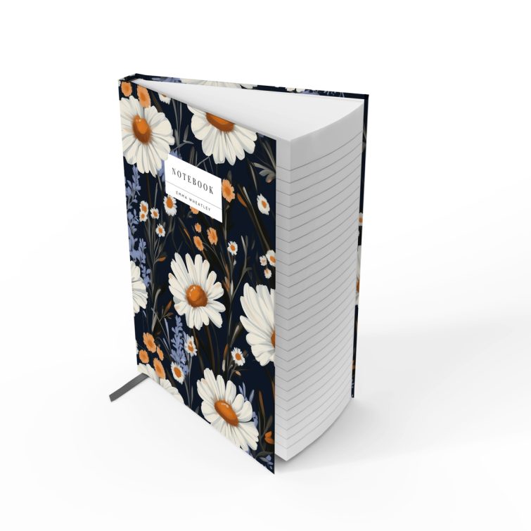 Floral notebook design with daisy pattern, includes one photo placeholder on cover, suitable for personalised printing.