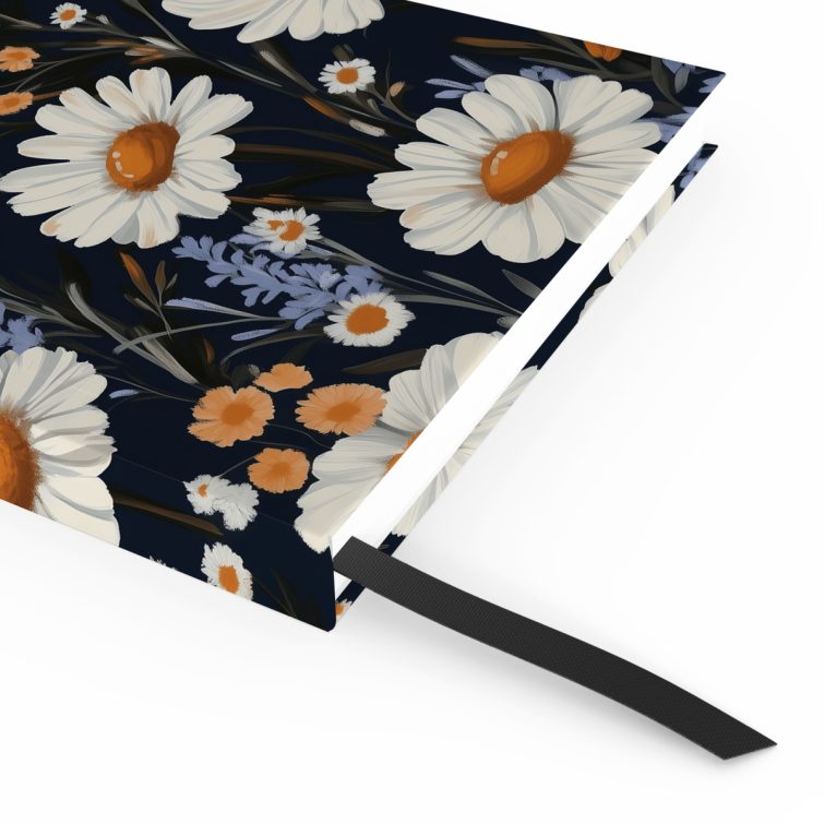 Floral notebook design with daisy pattern, includes one photo placeholder on cover, suitable for personalised printing.