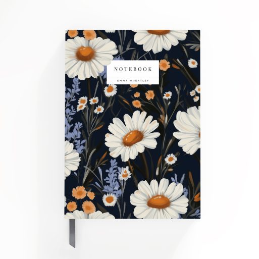 Floral notebook design with daisy pattern, includes one photo placeholder on cover, suitable for personalised printing.