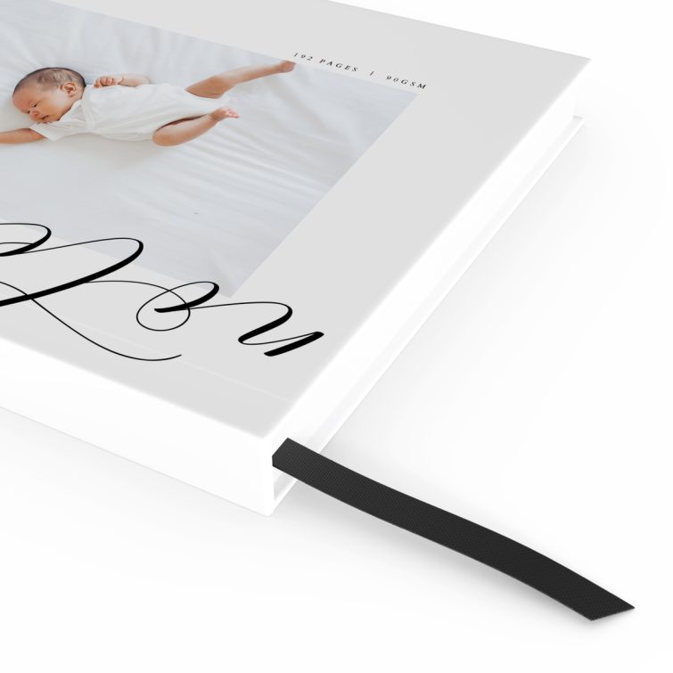 Personalised portrait notebook cover design with one photo and elegant script text, ideal for custom stationery by Utterly Printable.