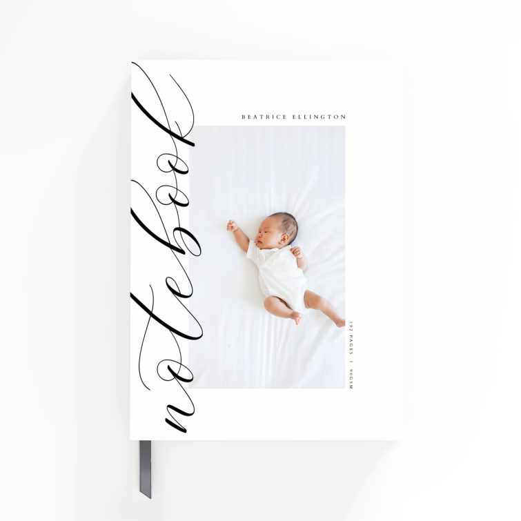 Personalised portrait notebook cover design with one photo and elegant script text, ideal for custom stationery by Utterly Printable.