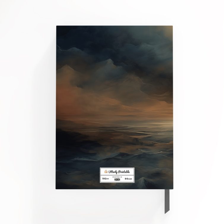 Abstract landscape design for customisable notebooks by Utterly Printable, featuring a moody sky and ocean theme.