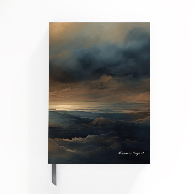 Abstract landscape design for customisable notebooks by Utterly Printable, featuring a moody sky and ocean theme.