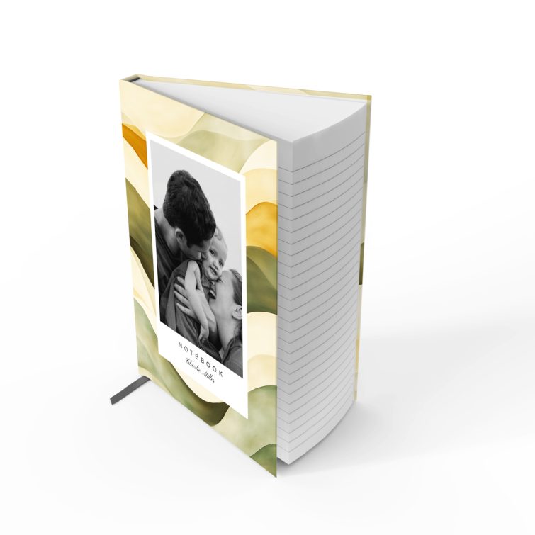 Artistic notebook cover design with a wavy abstract background and one photo placeholder on the front.