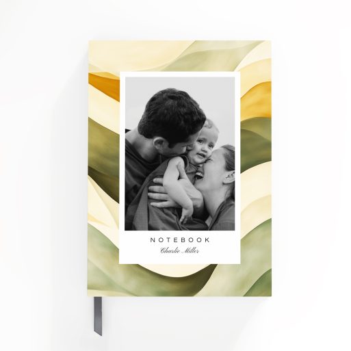 Artistic notebook cover design with a wavy abstract background and one photo placeholder on the front.