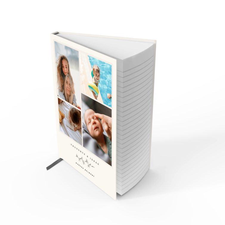 Customised portrait notebook design with four photos on the cover for personalisation by Utterly Printable.