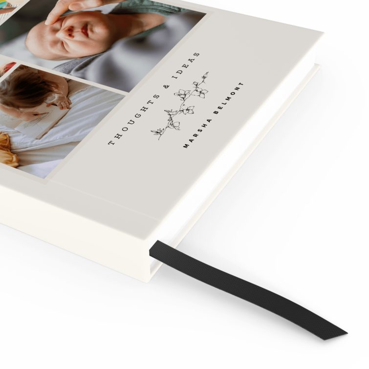 Customised portrait notebook design with four photos on the cover for personalisation by Utterly Printable.