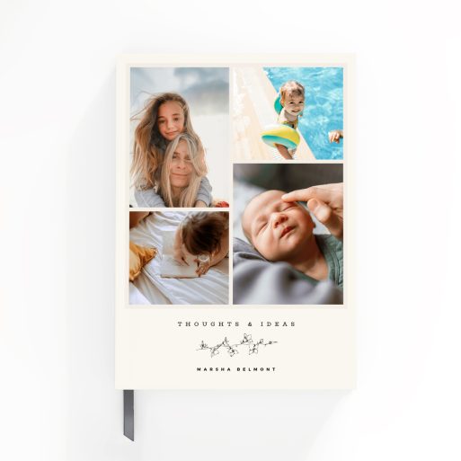 Customised portrait notebook design with four photos on the cover for personalisation by Utterly Printable.