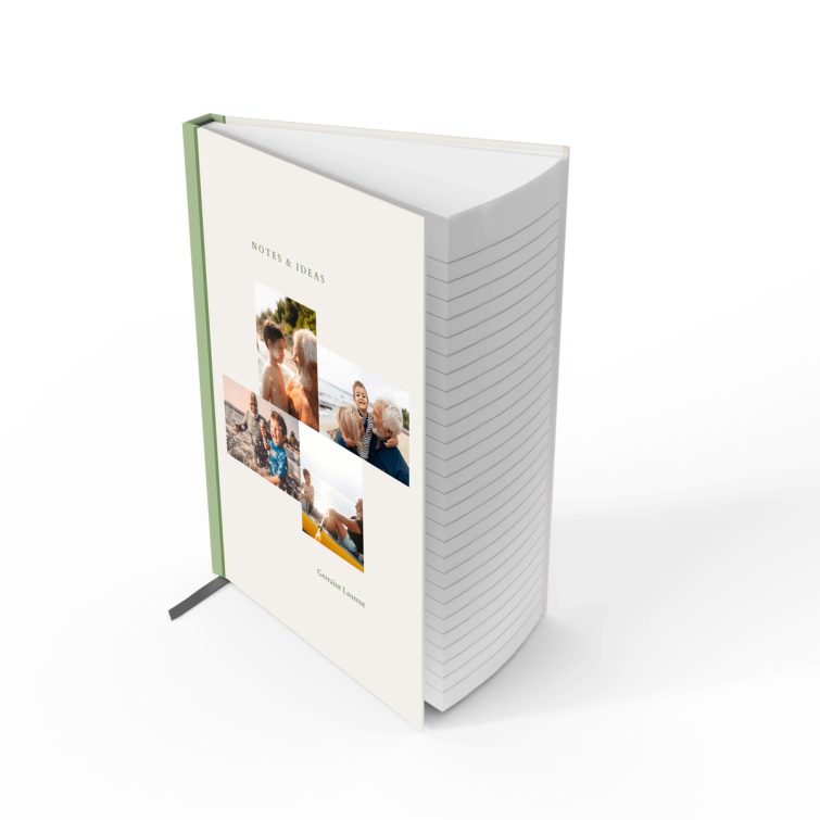 Personalised portrait notebooks with green spine and four photos on the cover by Utterly Printable.