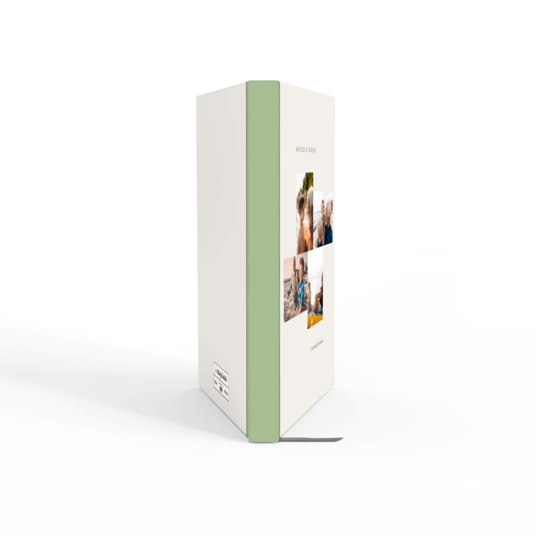 Personalised portrait notebooks with green spine and four photos on the cover by Utterly Printable.