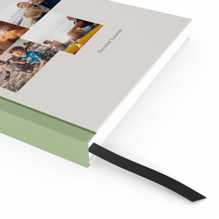 Personalised portrait notebooks with green spine and four photos on the cover by Utterly Printable.