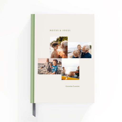 Personalised portrait notebooks with green spine and four photos on the cover by Utterly Printable.