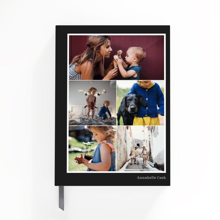 Portrait orientation notebook cover design featuring five photos on the back cover, created by Utterly Printable in the UK.