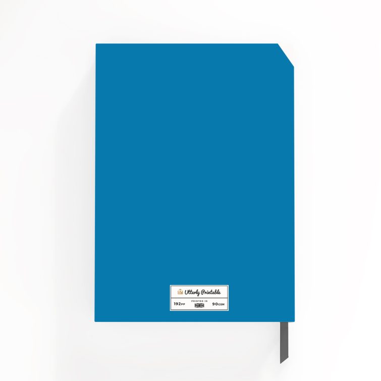 Portrait orientation notebook cover design with photo collage; includes seven images on white and blue background.