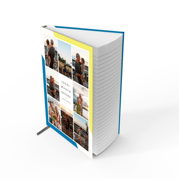 Portrait orientation notebook cover design with photo collage; includes seven images on white and blue background.