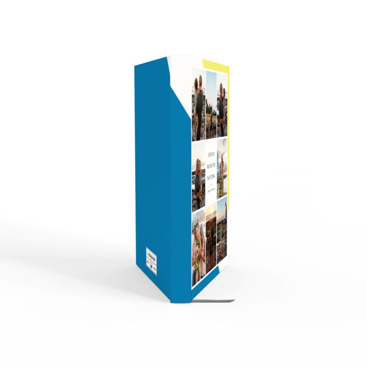 Portrait orientation notebook cover design with photo collage; includes seven images on white and blue background.