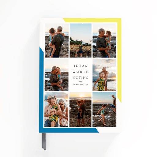 Portrait orientation notebook cover design with photo collage; includes seven images on white and blue background.