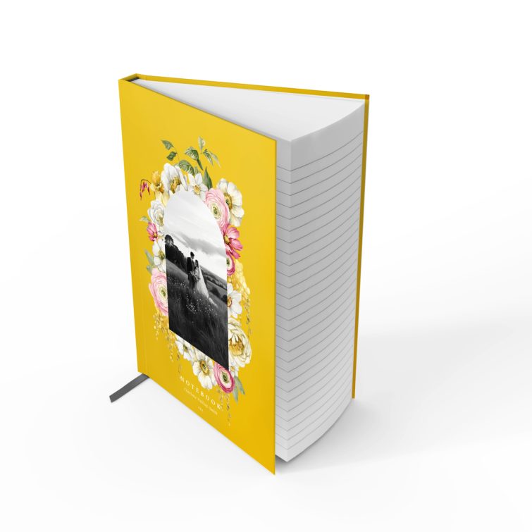 Floral personalised notebook design with one photo on a yellow background by Utterly Printable.