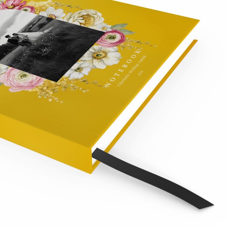 Floral personalised notebook design with one photo on a yellow background by Utterly Printable.