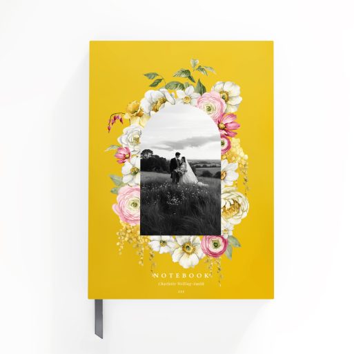 Floral personalised notebook design with one photo on a yellow background by Utterly Printable.