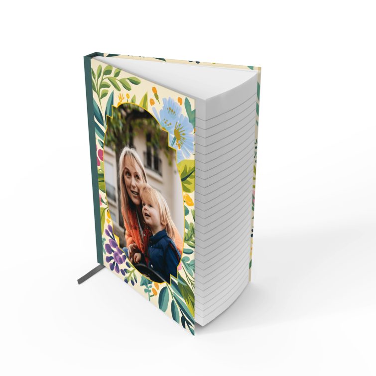 Floral design notebook cover with one photo insert, portrait orientation for personalised printing by Utterly Printable.