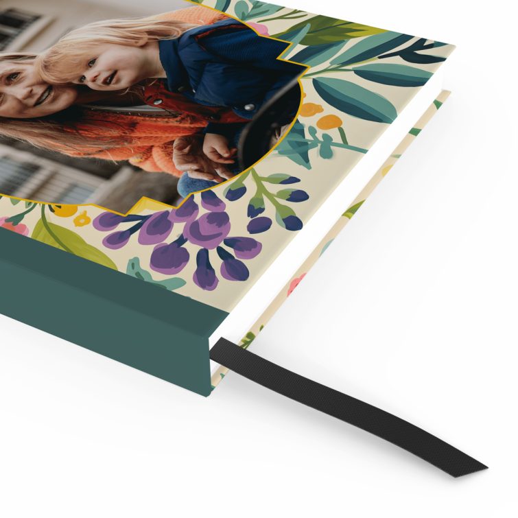 Floral design notebook cover with one photo insert, portrait orientation for personalised printing by Utterly Printable.