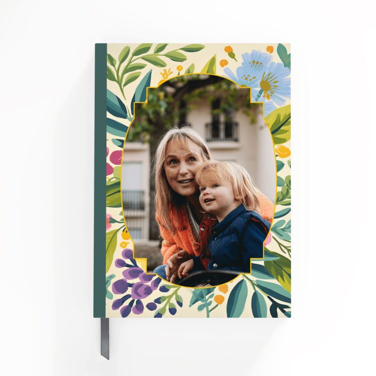 Floral design notebook cover with one photo insert, portrait orientation for personalised printing by Utterly Printable.